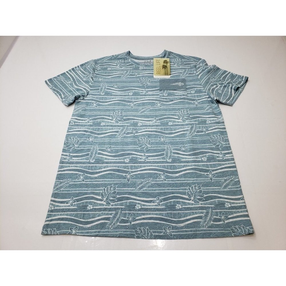 Reel Life Mens T-Shirt Short Sleeve Crewneck Striped Ocean Print Blue Size M NWT